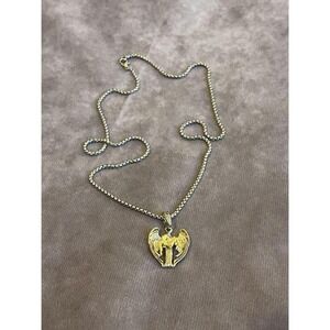 Angel Head Pendant Necklace Silver Tone Gold Accents Box Chain 16